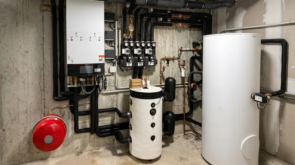Intérieur domestique avec radiateur électrique blanc à ailettes, chaudière murale grise avec affichage digital, boîte à outils rouge contenant clés à molette et outils de plomberie sur parquet bois, mur bleu