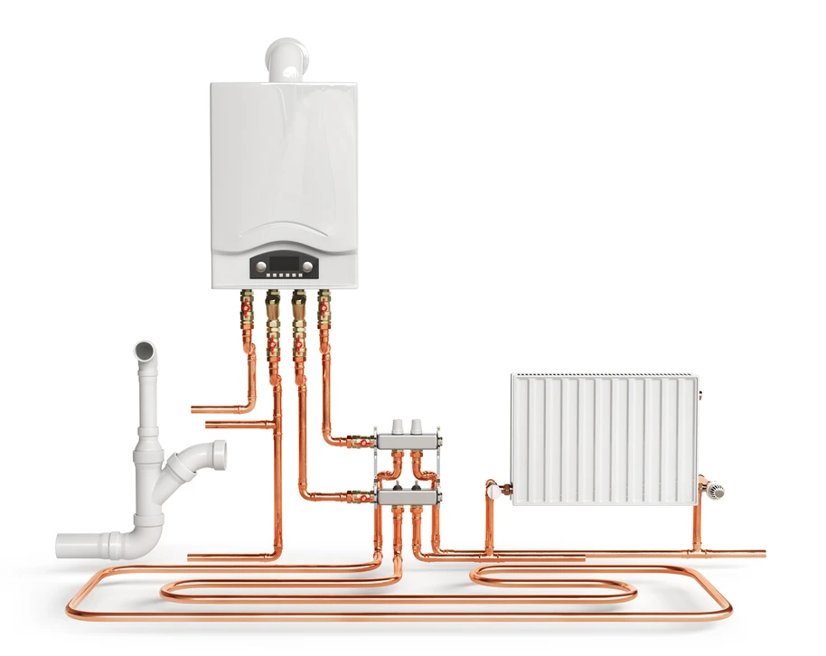 Climatiseur split-system moderne avec unité intérieure murale blanche affichant 24°C et unité extérieure compacte équipée d'un ventilateur axial bleu